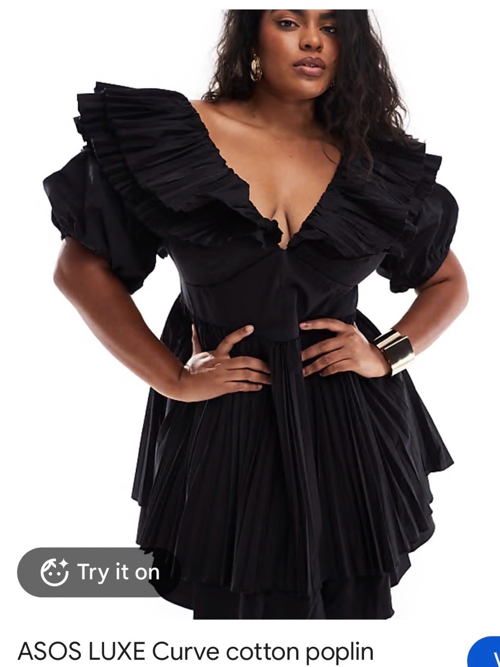 ASOS Curve Black Ruffle Cotton Poplin Mini Dress